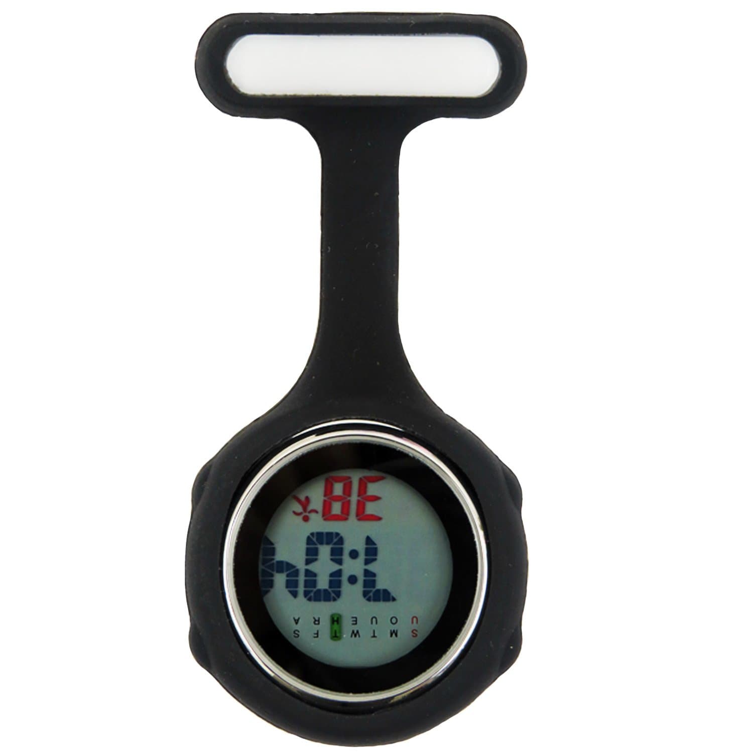 Digital Nurse Watch Fob For Women Men Multi Function, Infection Control Design, Silicone Nurses/Brooch/Tunic/Fob/Pocket/Carabiner Watch With Pin/Clip-On Nurse Doctor Paramedic Watch With Light Black
