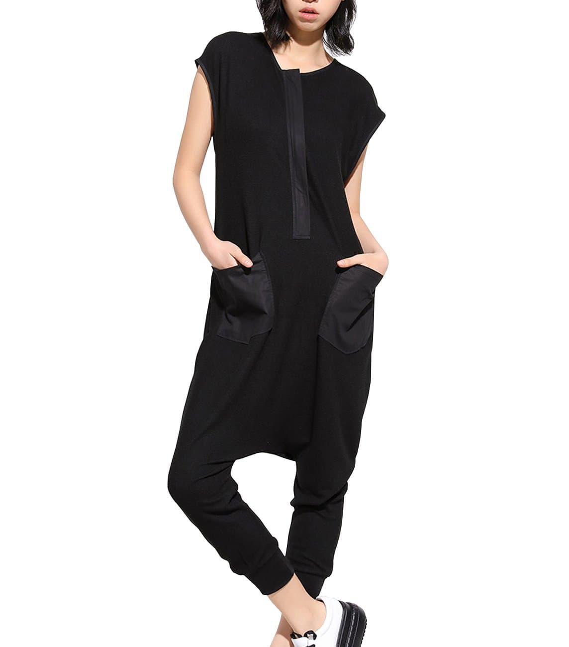ellazhu Women Black Harem Pants Rompers Sleeveless Drop Crotch Harem Jumpsuits Summer GY867