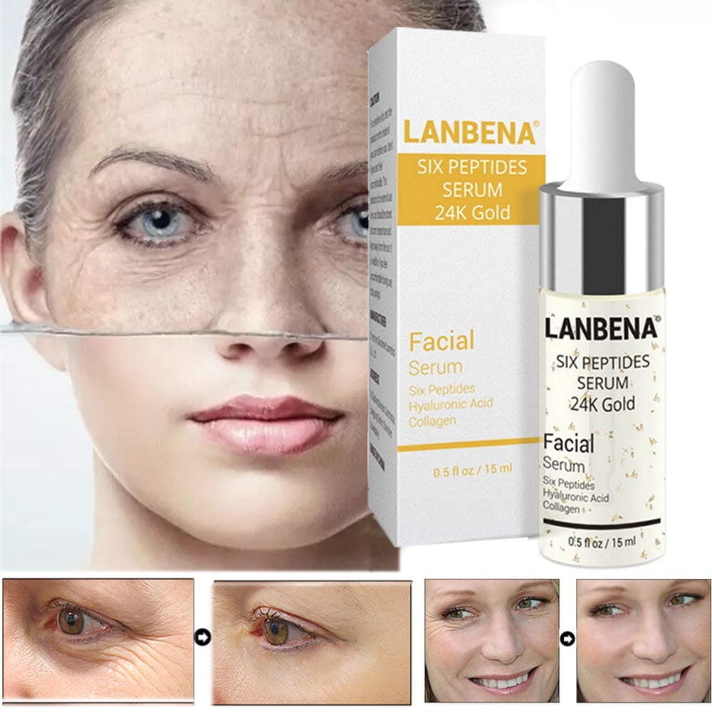 Six Peptides Hyaluronic Acid Serum 24K Gold Serum Ampoule for Face Skin Care 100% Natural Ingrendients - Anti Wrinkle, Anti Aging, Remove Freckle, Whitening, Moisturizing Essence