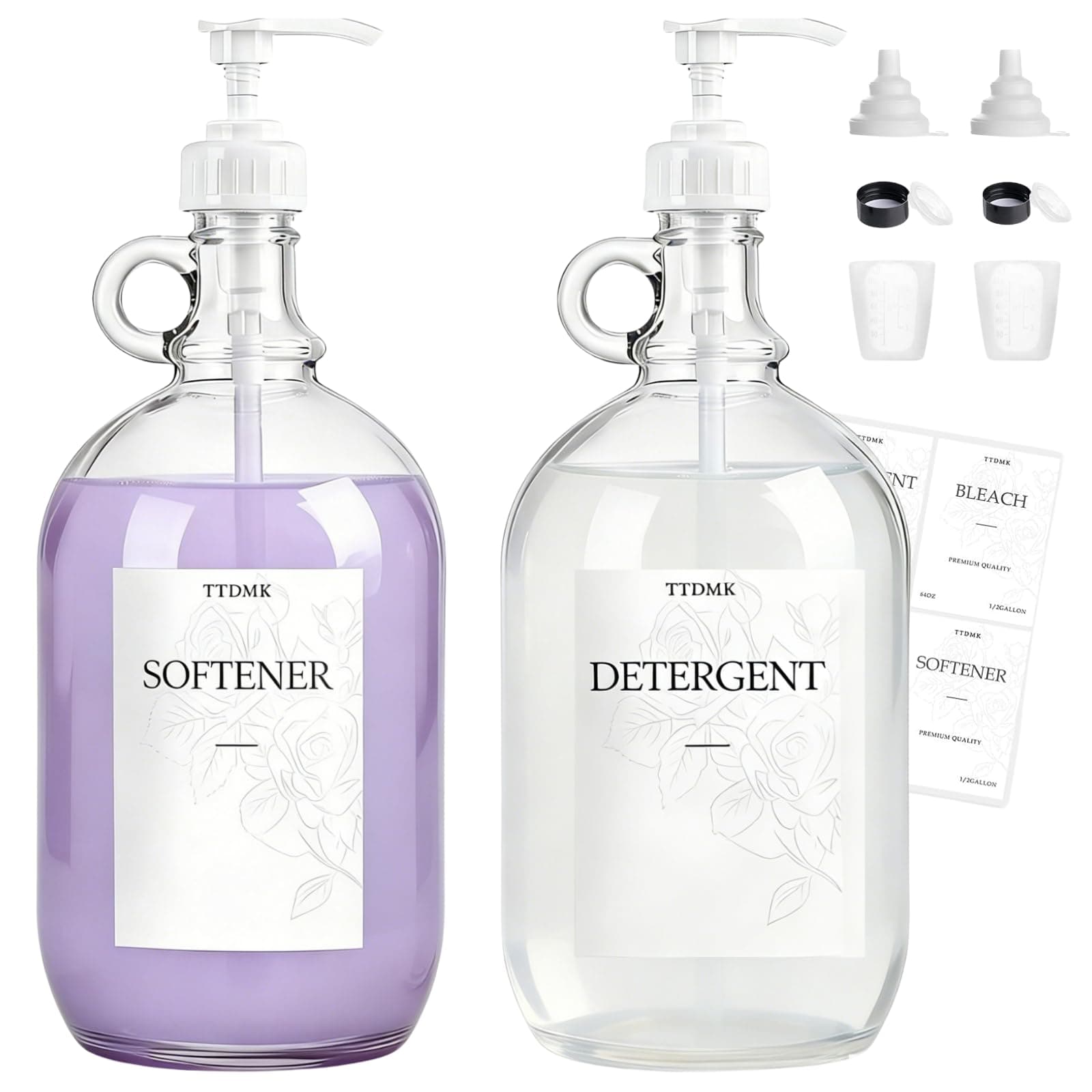 2 Pcs Glass Liquid Laundry Detergent Dispenser, Half Gallon Laundry Soap Dispenser for Laundry Room (64 oz. Each), Laundry Detergent Bottles with Pump Dispenser -Includes Labels, Funnel, Measuring Cup