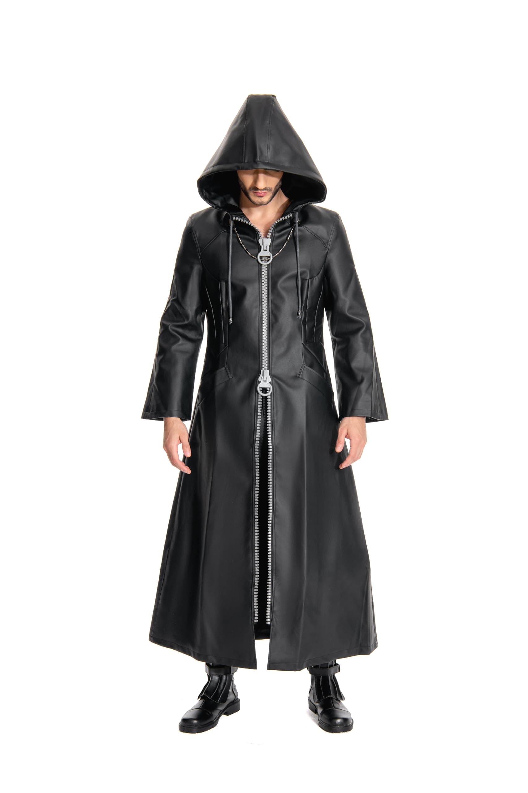 Mens Hooded Cloak Robe Role Play Costume Cosplay Office Uniform Coat Halloween Long Leather Jacket Costume