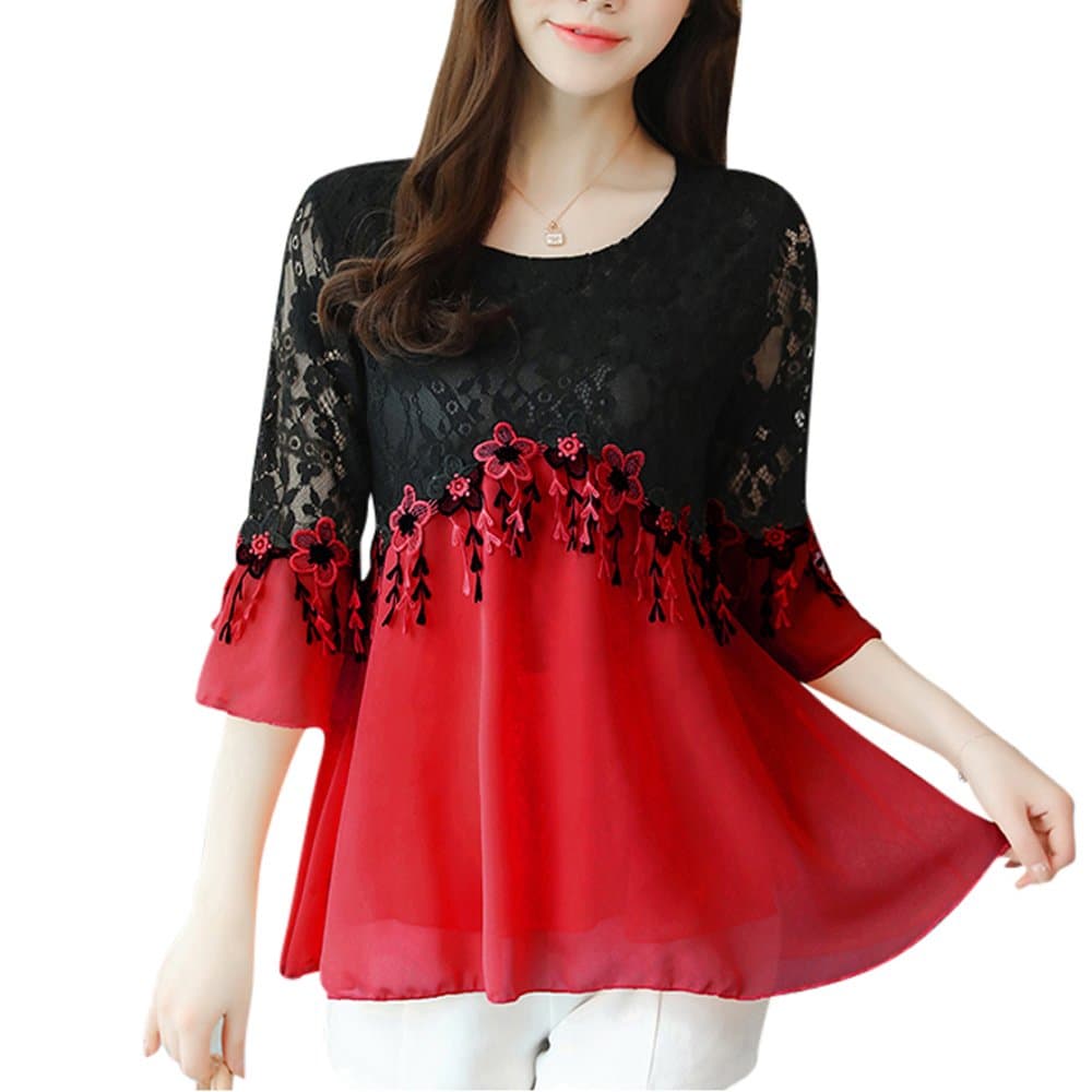 SansoiSan Women's Casual Crew Neck Plus Size Tops Lace Shirt Chiffon Blouse(S-5XL) (XX-Large, Red)