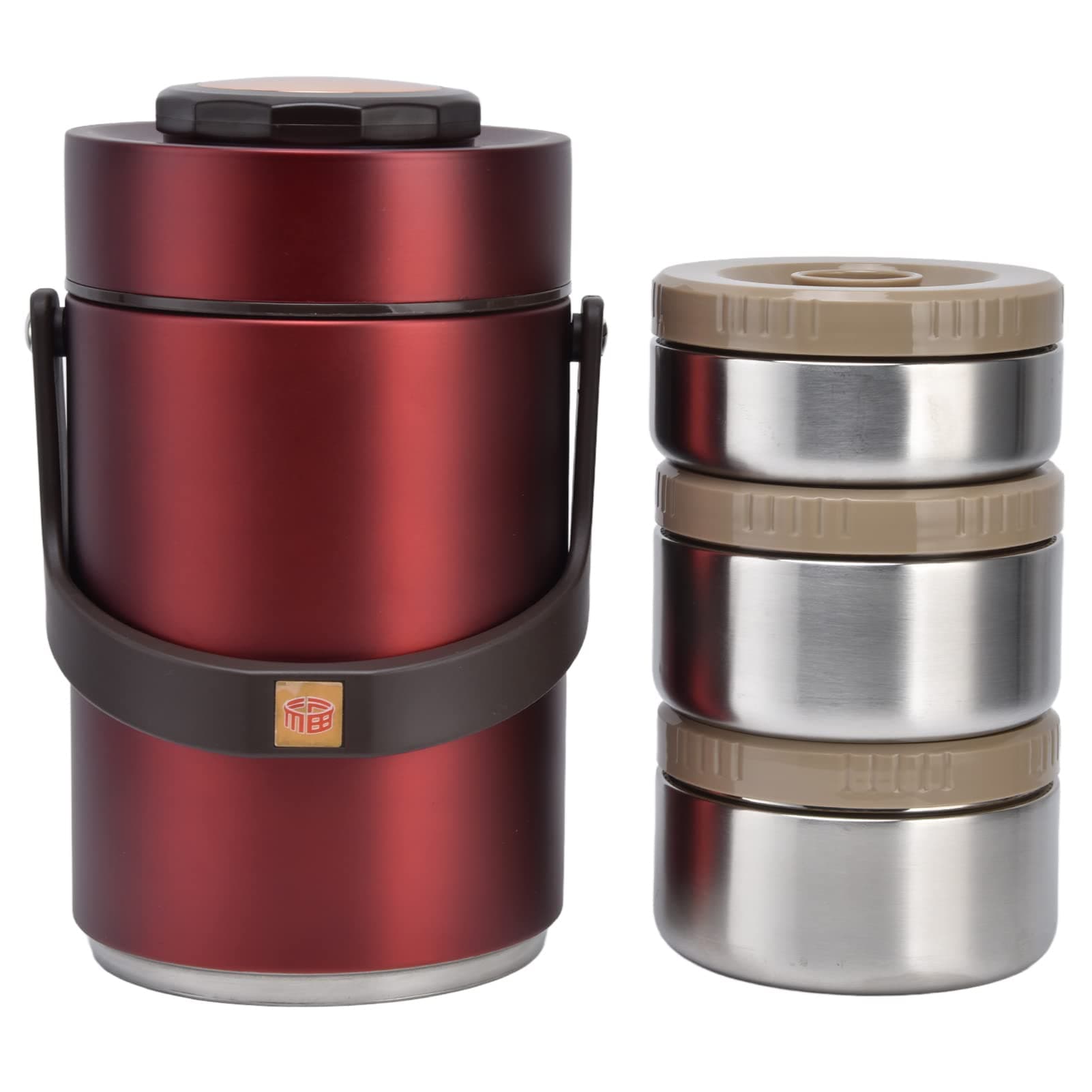 2.3L Stainless Steel Vacuum Lunch Box 3 Layers Insulated Food Container for Work Travel (Red)