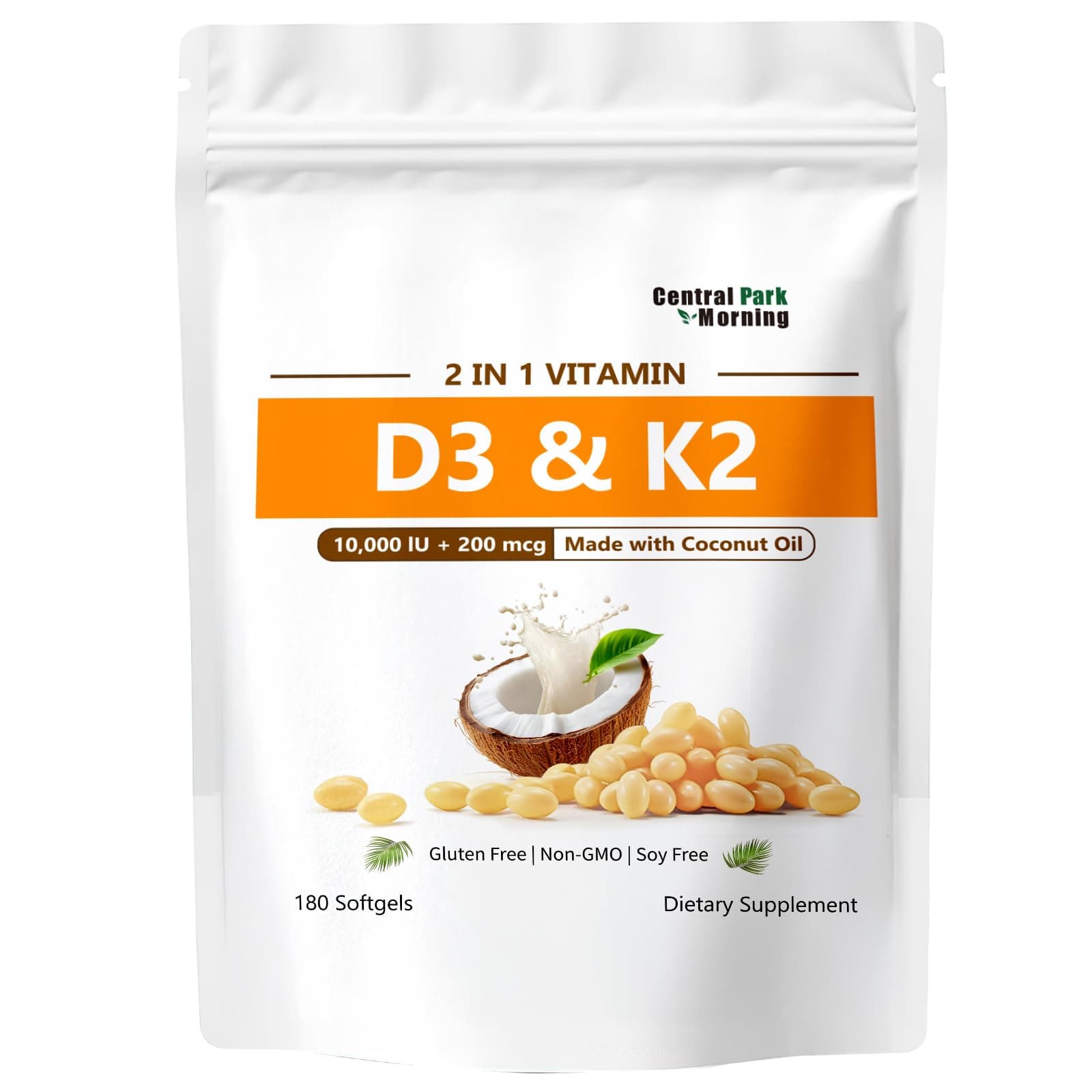 Vitamin D3 10000 iu Plus K2 (MK-7) 200 mcg, 180 Virgin Coconut Oil Softgels, 2 in 1 Vitamins D & K Complex, Supports Calcium Absorption, Bone & Heart Health