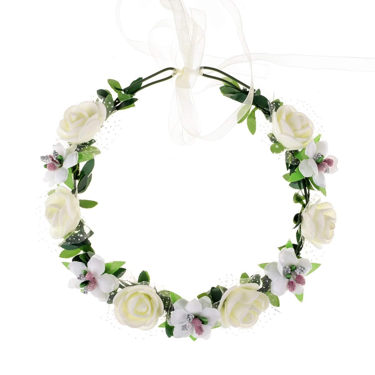 June BloomyRose Floral Crown Wreath Girls Flower Headband BOHO Garland Halo Headpiece (White)