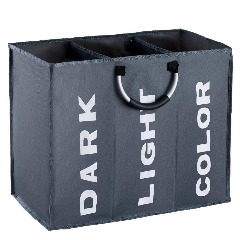 3 Sections Large Laundry Hamper, Collapsible Laundry Bag, Foldable Laundry Basket, Portable Storage Bag Bin with Carry Handles, Dirty Clothes Bag for Bathroom, Bedroom， 90L, Dark Grey