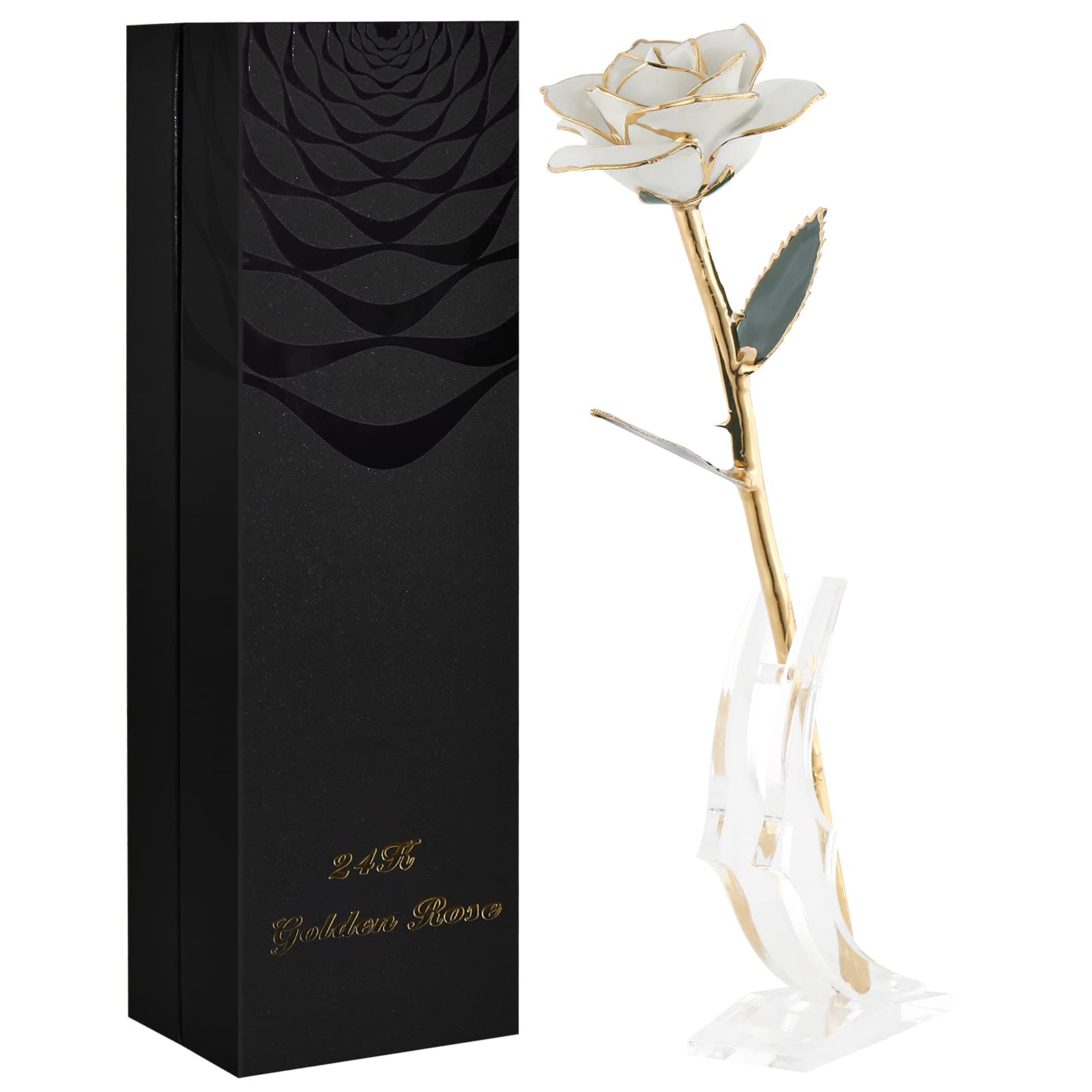 SW White Gold Rose Gifts for Women,24k Gold Dipped Real Rose Lasted Forever with Stand for Her,Christmas,Valentines Day, Mothers Day, Birthday