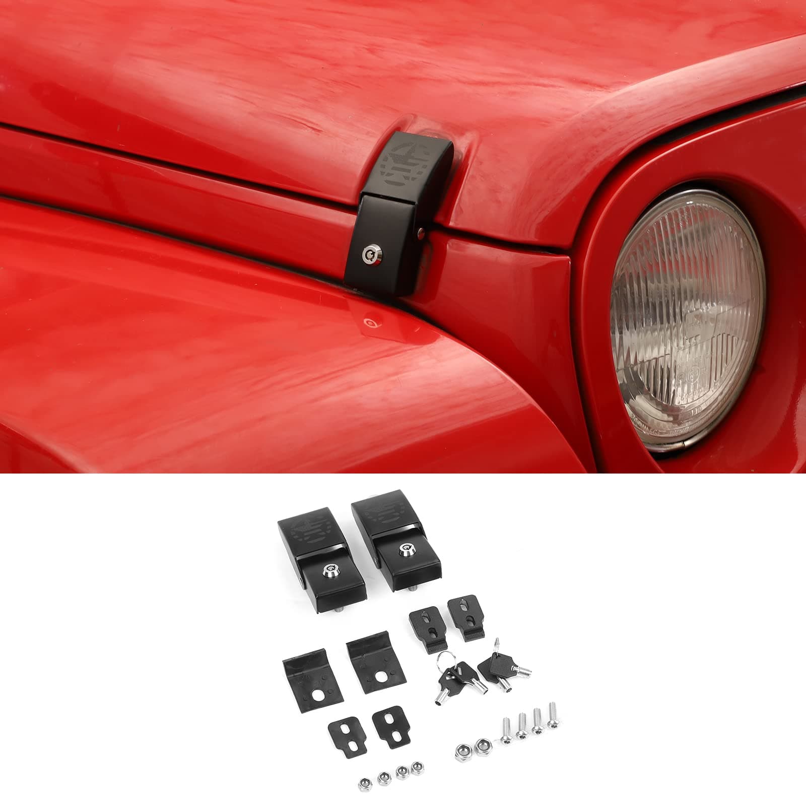 JeCar Aluminum Hood Latches Locking Hood Catch Kit Exterior Accessories Compatible with Jeep Wrangler 2007-2023 JK JL Gladiator JT Truck, Star