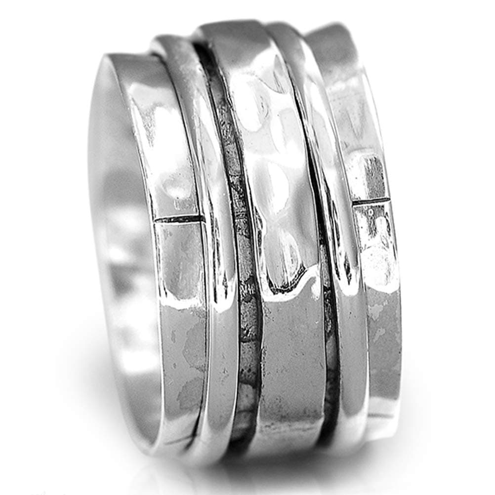 Boho-Magic925 Sterling Silver Spinner Ring for Women Hammered Wide Fidget Ring Band