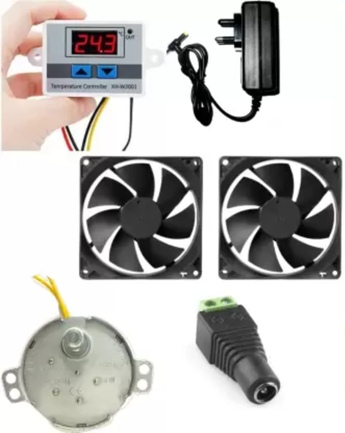 TechSupreme W3001 thermostat+ 12v 2Amp Adapter + 2 Pieces 3inch fan+ 1 Dc Connectors Screw Type and Synchronous Motor 220-240volts 5/6rpm 4w