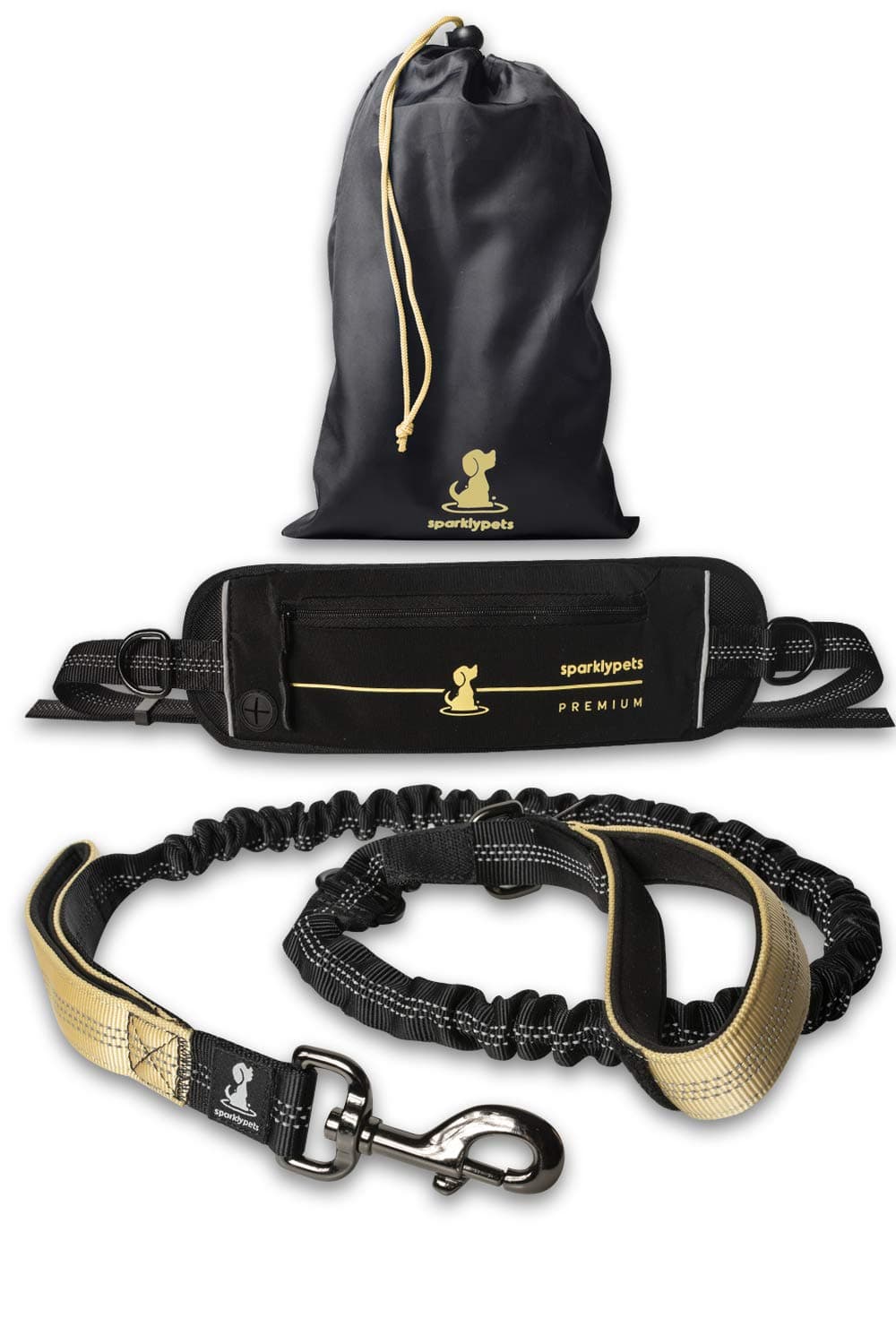 SparklyPets Hands-Free Dog Leash for Medium and Large Dogs – Professional Harness with Reflective Stitches for Training, Walking, Jogging and Running Your Pet (Gold)