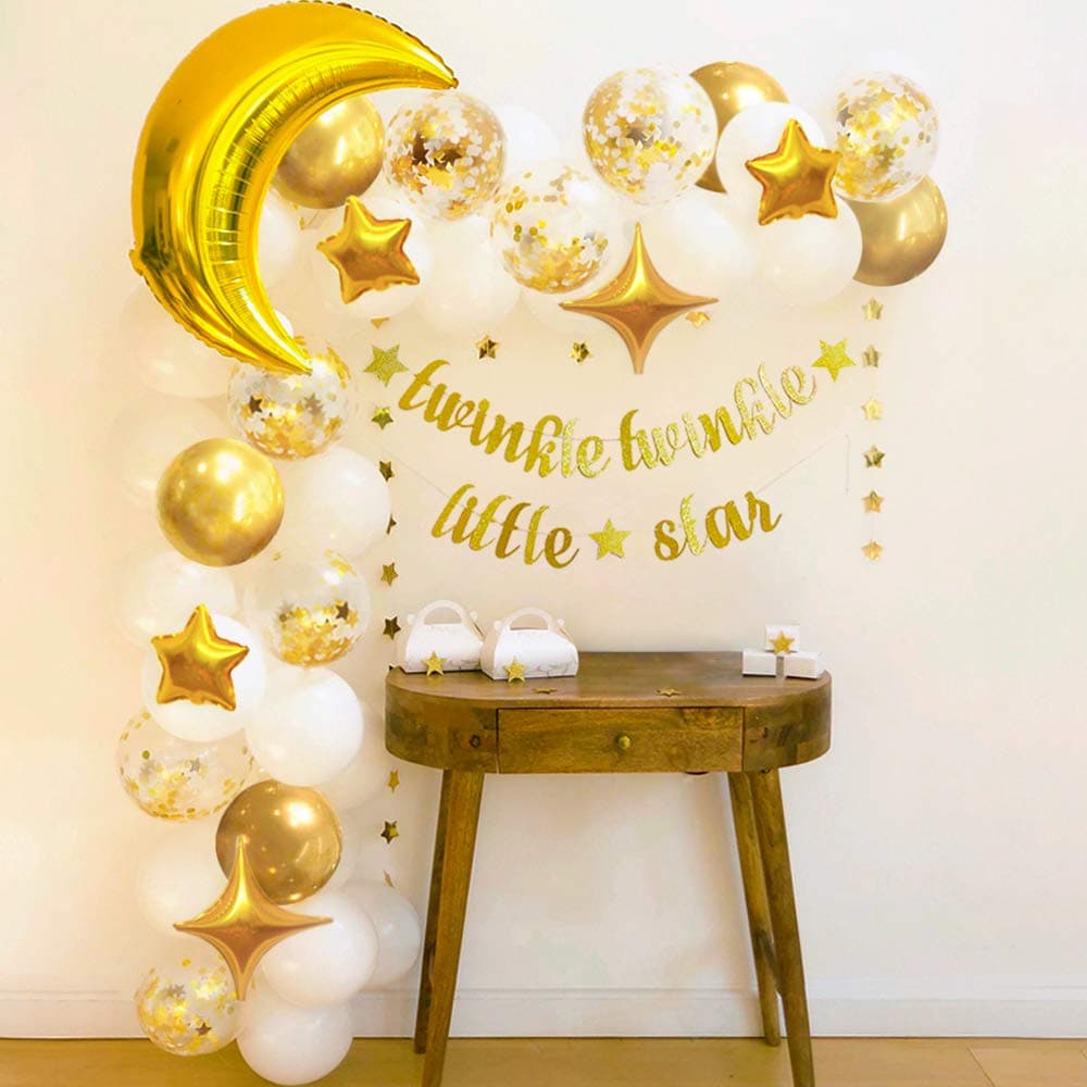 Sweet Baby Co. Twinkle Twinkle Little Star Baby Shower Decorations for Boy Girl with Balloon Garland Arch Kit, Light Gold Moon and Star Decorations Balloons, Wedding Decor, Gender Reveal Backdrop