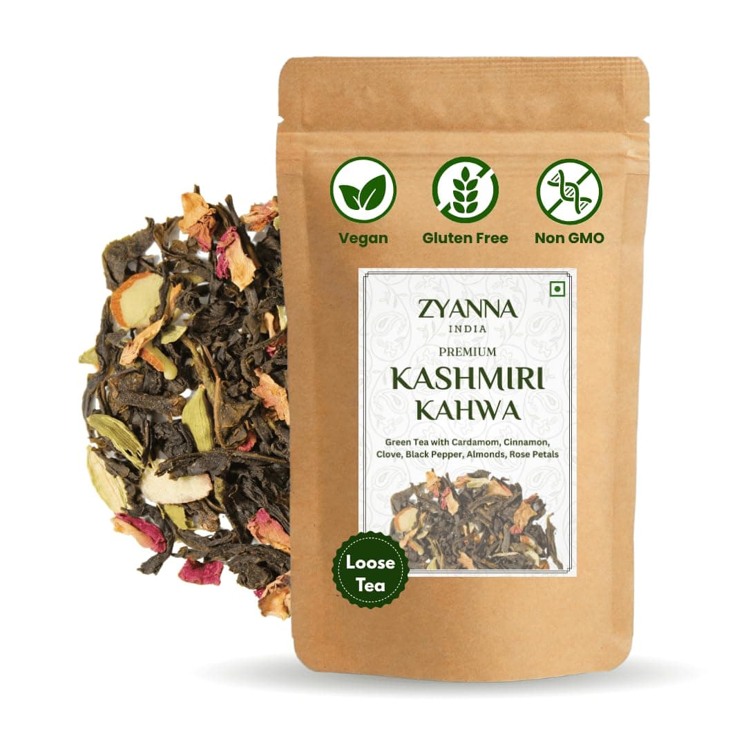 Kashmiri Kahwa Tea - Herbal Detox Green Tea Loose (100 Cups/3.53oz bag) 100% Natural Indian Spices - Cardamom Cinnamon Clove Black Pepper Almonds Rose Petals - Gluten Free - Hot Iced Kombucha