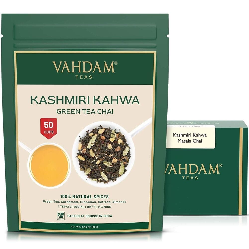 VAHDAM Kashmiri Kahwa Tea, 100g (50 Cups), Indian Masala Chai | Green Tea, Cinnamon, Cardamom, Almond, Saffron Spiced Chai