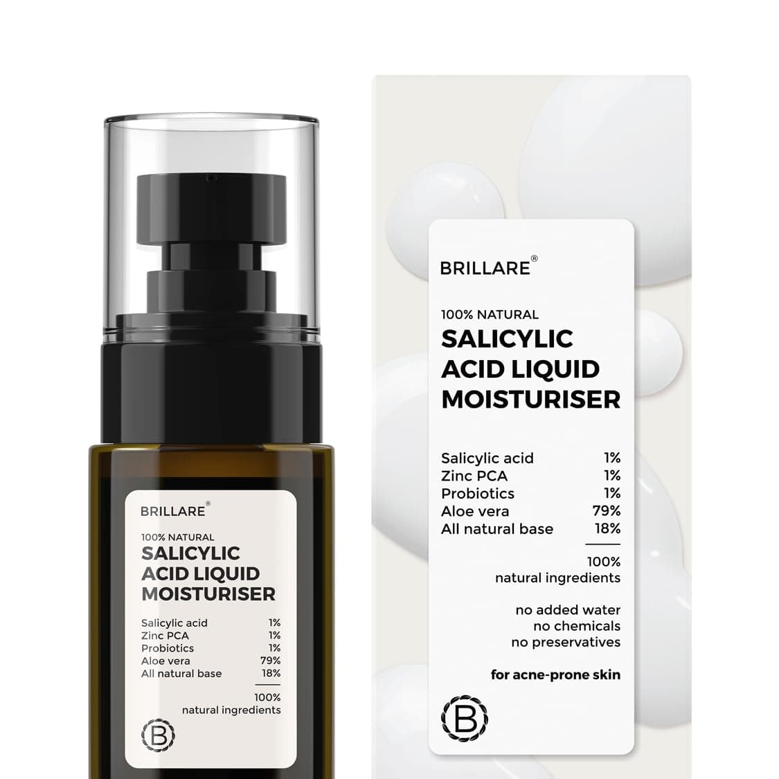 Brillare Salicylic Acid Liquid Moisturizer for Oily & Acne Prone Skin | Lightweight, Quick Absorbing Hydration | Visible Acne Reduction in 1 Week | Natural Probiotics Face Moisturiser with Zinc