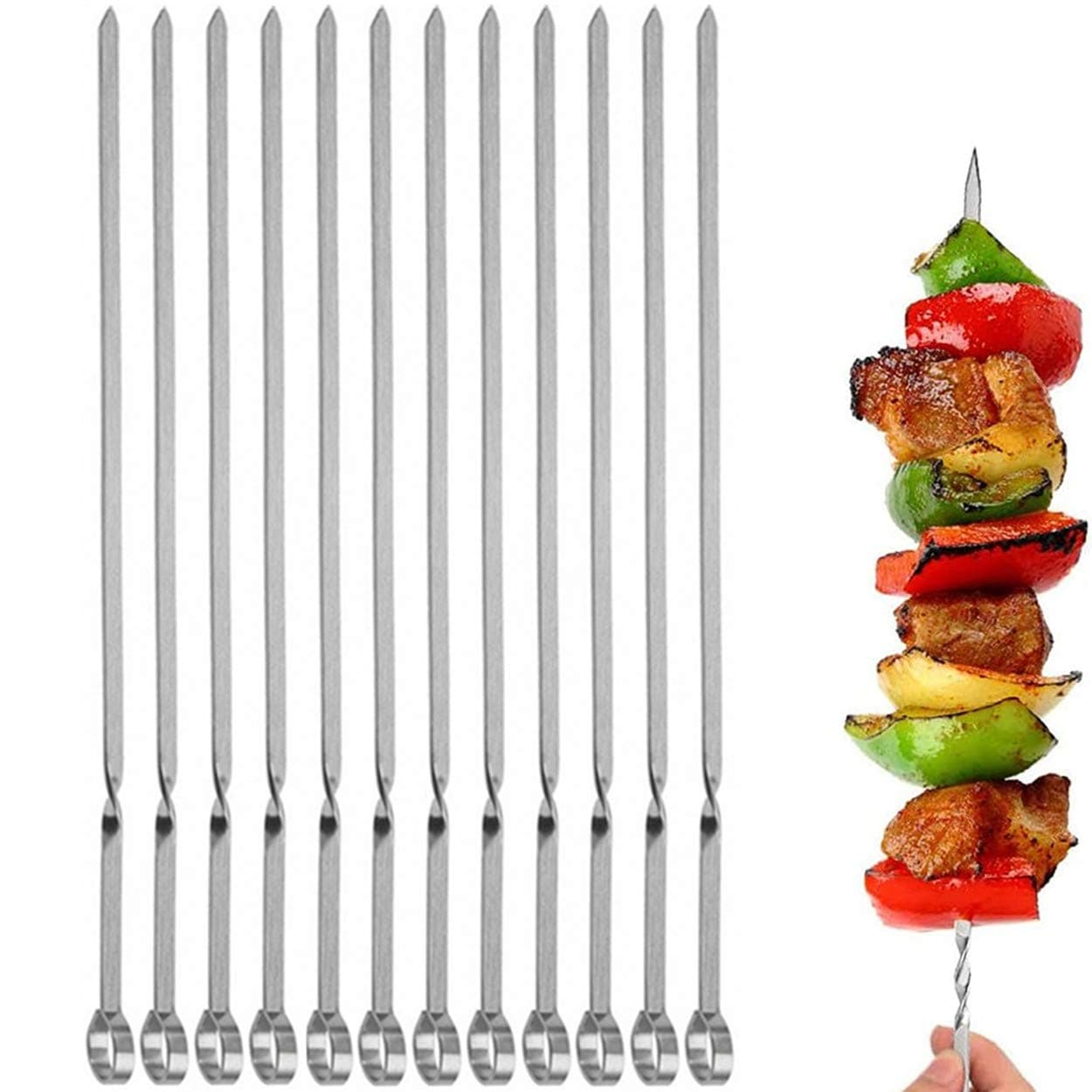 12PCS Kabob Skewers Flat Metal Stainless Steel BBQ Barbecue Skewer 14" Anti-Roll Heavy Duty Shish Kebob Sticks Wide Reusable Grilling Skewers Set for Meat Shrimp Chicken Vegetable Kebab Fork Sausage…