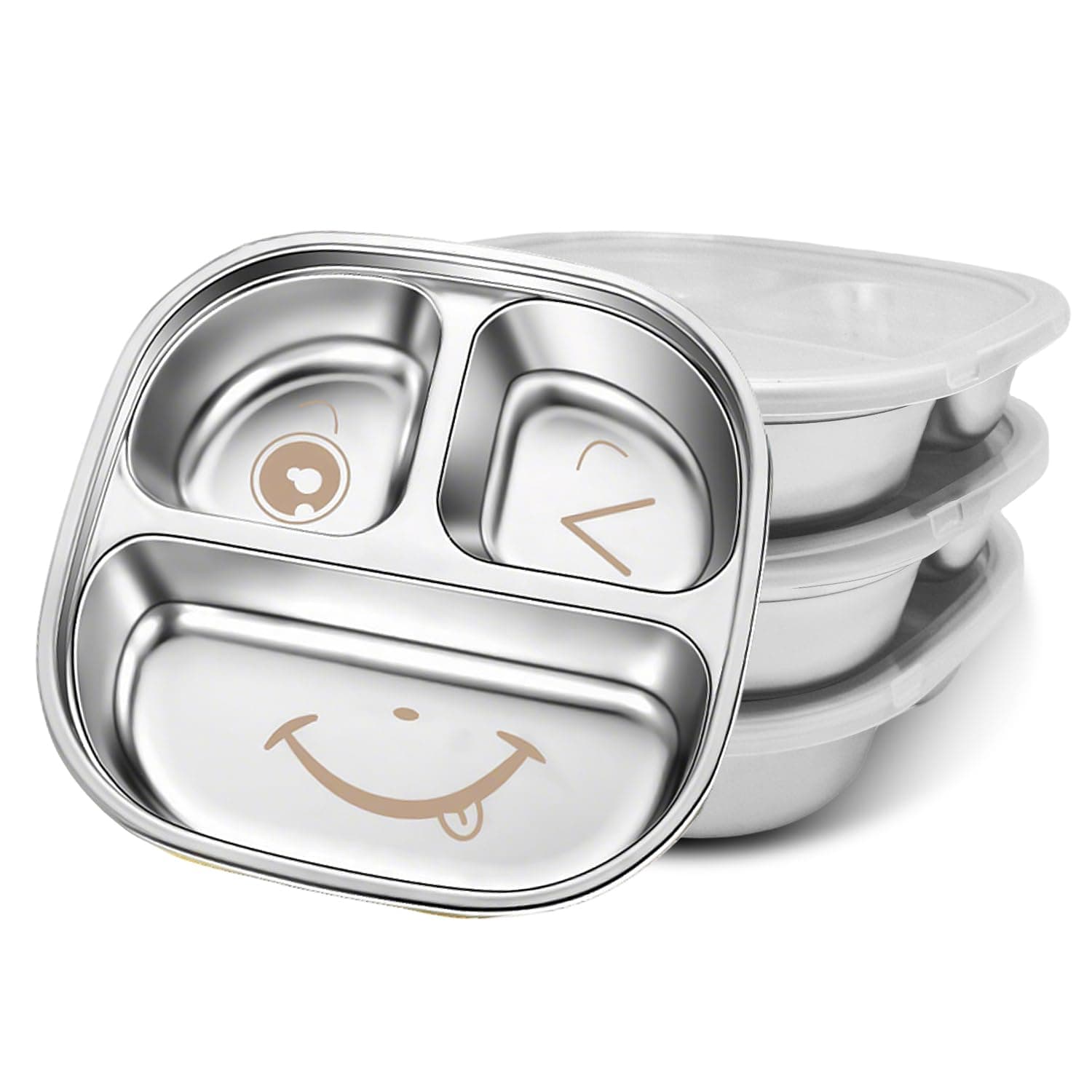 Stainless Steel Kids Plate with Lid | 3-Pack Durable Divided Toddler Plates | BPA-Free, Non-Toxic & Dishwasher-Safe | Snack Container for Kids，Splash-Proof Design