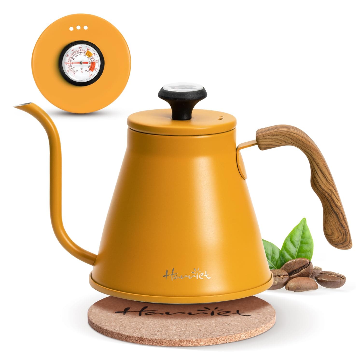 Harriet Gooseneck Kettle with Thermometer for Pour Over Coffee and Tea, 37 fl oz, Stainless Steel, Durable 3-Layer Base, Ideal Spout for Precision Pouring, Compatible with all Stove Tops, Yellow