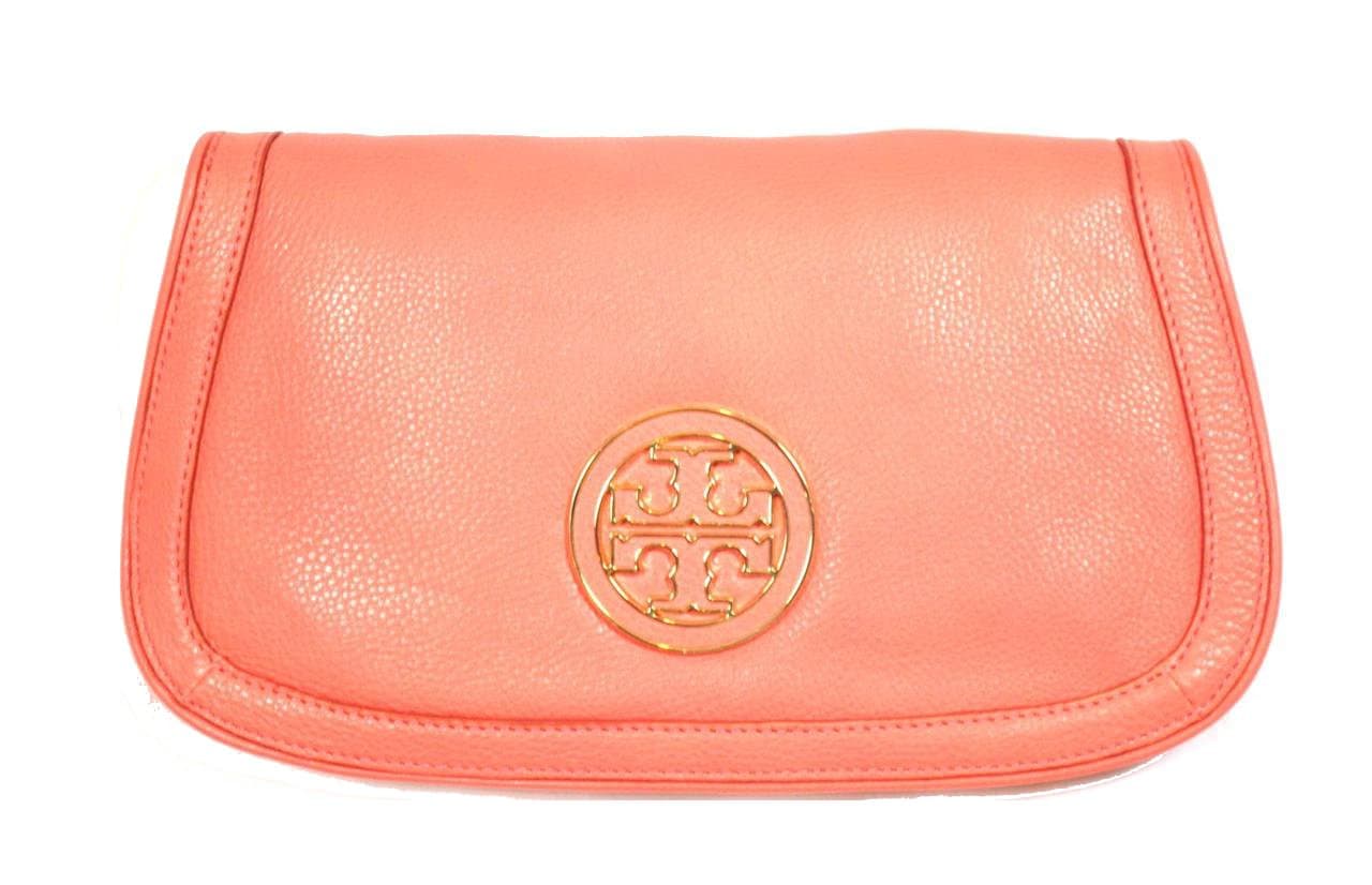TORY BURCH Amanda Logo Clutch Chain Bag Purse Strawberry Pink Coral Leather