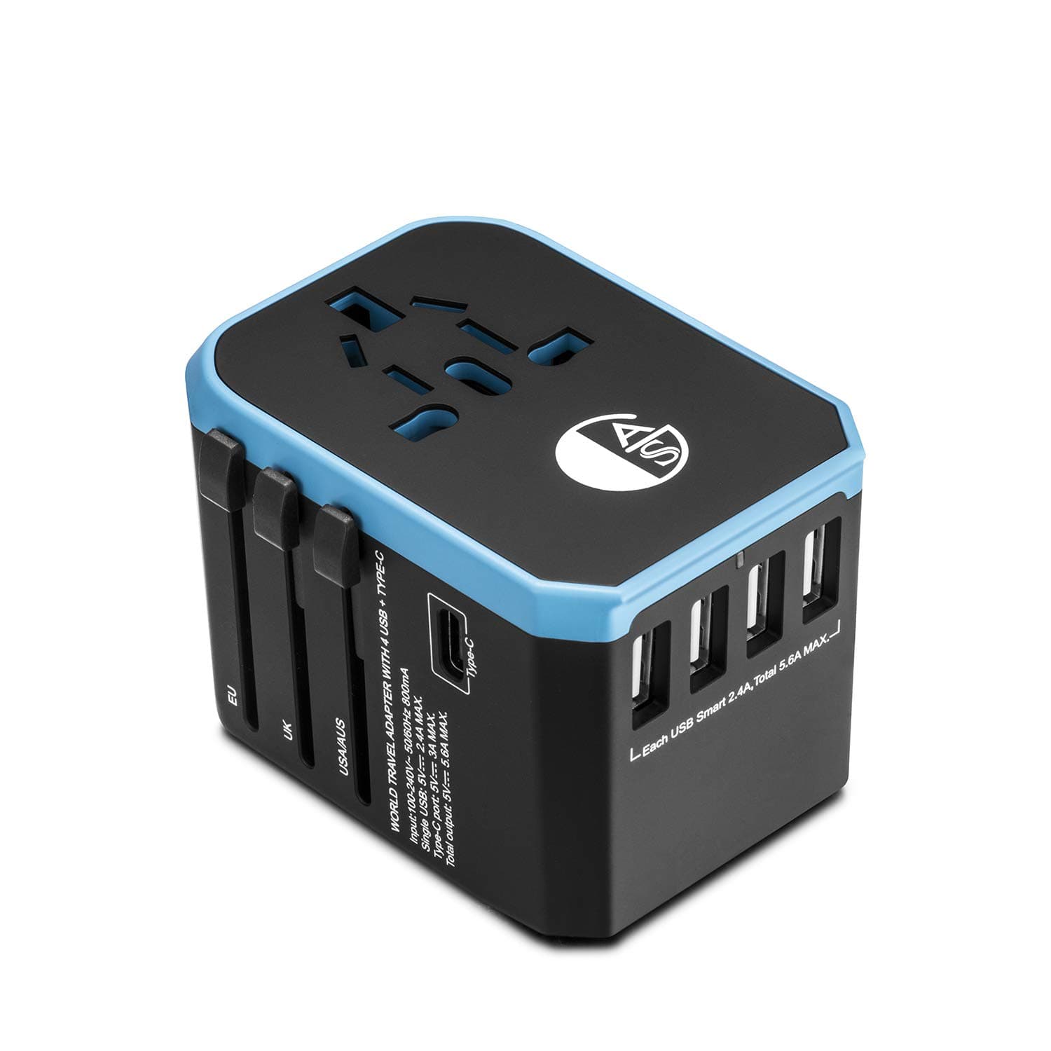 AGS All in One Universal Travel Charger Power Adapter 8 holes socket AC Plug Adaptor with Four 2.4A USB and One 3.0A Type-C For USA EU UK AUS ASIA Cell Phone Laptop and other devices