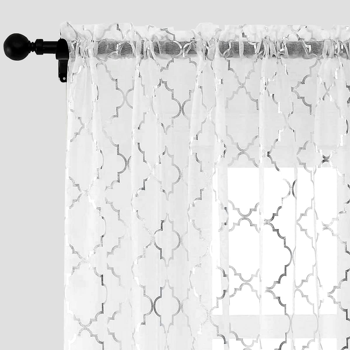 Kotile Silver White Sheer Curtains 96 Inches Long 2 Panels Metallic Shimmer Moroccan Ogee Pattern White Sheer Curtains for Living Room, Rod Pocket Light Filtering Privacy Curtains, W52 x L96 Inch