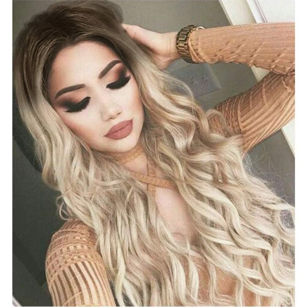 Ombre Blonde Wig Wavy Soft Brown Roots Ash Blonde Ombre Wigs for Women Glueless Long Wavy Synthetic Wig with Middle Parting Heat Resistant 27 Inches