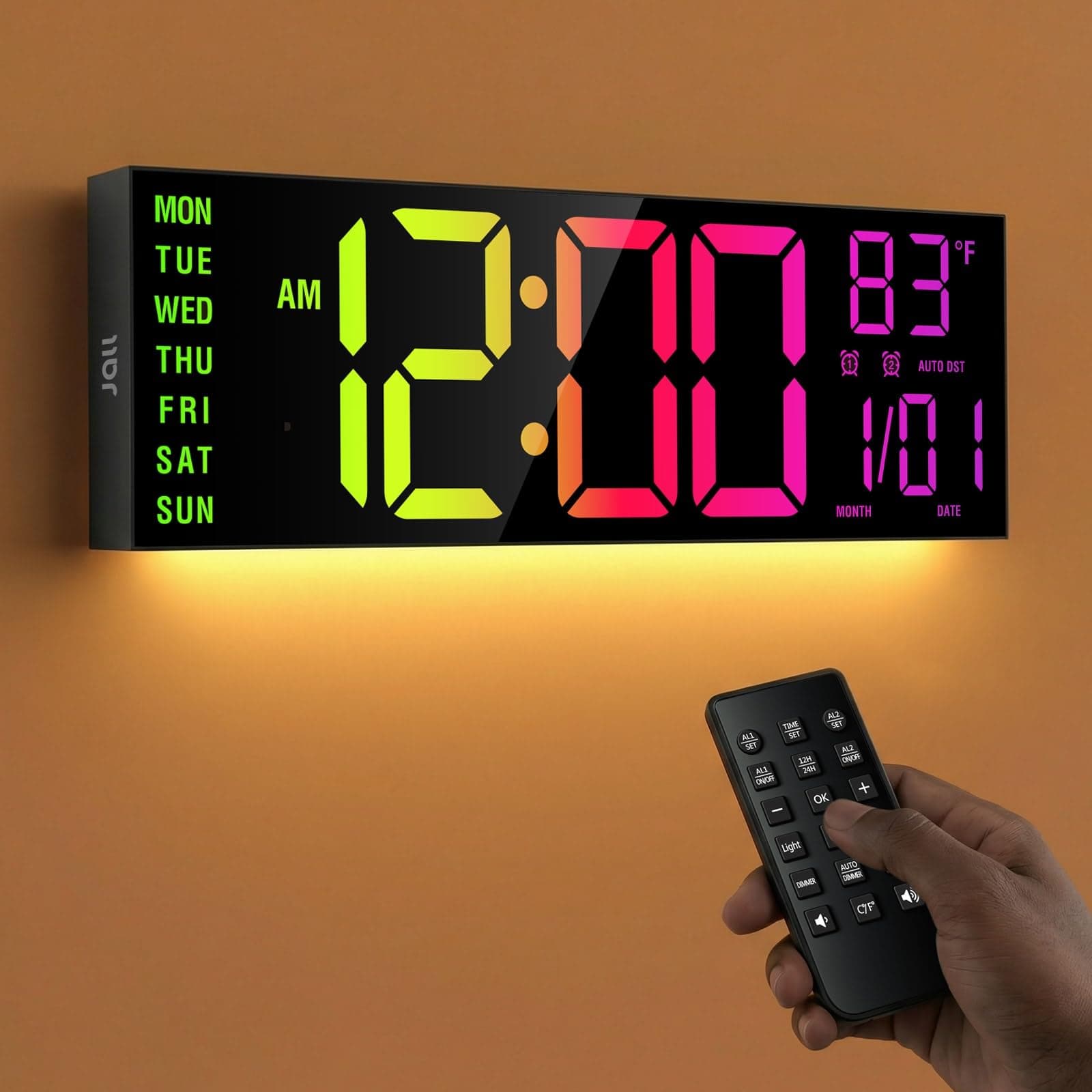 JALL 16.15 inch Large Digital Wall Clock, RGB Lights with Remote Control, Dual Alarms with Big LED Display, Auto DST, C° / F° Temperature for Classroom, Birthday Gift, Senior