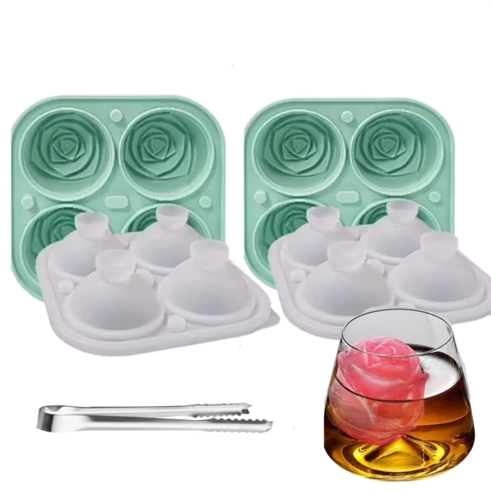 Large ice mold ice tray rose-love ice hockey mold silicone ice tray with cover ice tray food grade silicone household ice box easy to demould free ice clip (rose-2pcs)