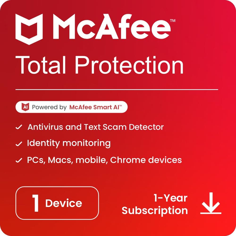 McAfee Total Protection 2022 | 1 Device, 1 Year | Antivirus Internet Security Software | Password Manager & Dark Web Monitoring Included | PC/Mac/Android/iOS | Email Delivery