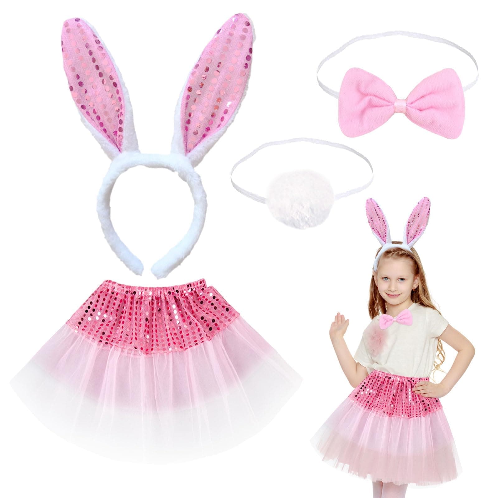 4 Pieces Kids Bunny Costume Pink Rabbit Dress Up Outfit with Bunny Ears Headband Animal Costume Set Cosplay Birthday Party Carnival Christmas Halloween Party Supplies
