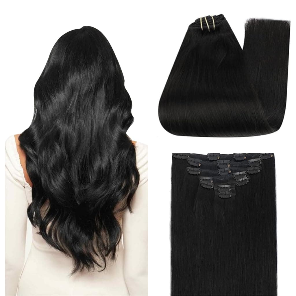 Ms Lula Clip in Hair Extensions for Women, 16 Inch 150g 7pcs Human Hair Extensions Clip In Human Hair, Soft & Natural, Handmade Real Human Hair Extensions, Jet black