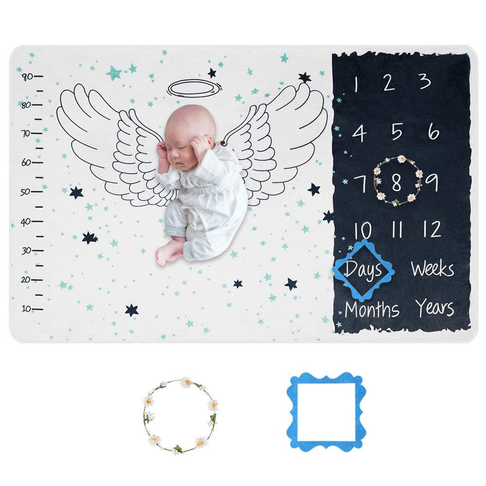 DREAMSOULE Baby Milestone Blanket with Garland, 102x152cm Super Soft Premium Fleece Photo Prop Blanket Backdrop, Infant Baby Swaddling Shower Gifts, Watch me Grow Blanket, Angel Wings
