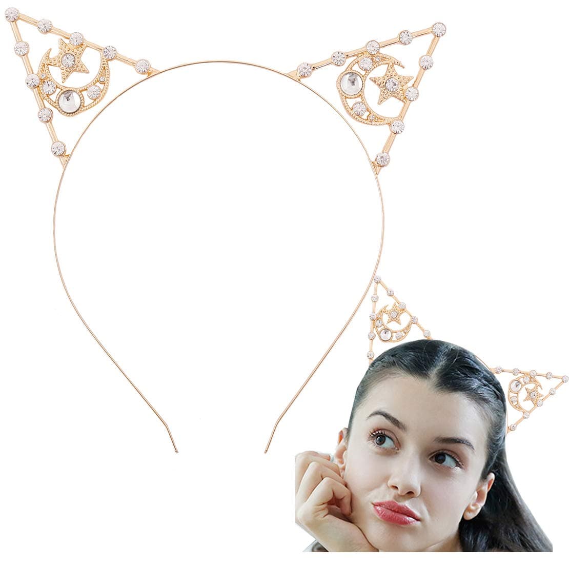Cat Ears Headband Rhinestone Star Tiara Headband Cute Headbands for Women Party Hair Accessories Costume Daily Decorations