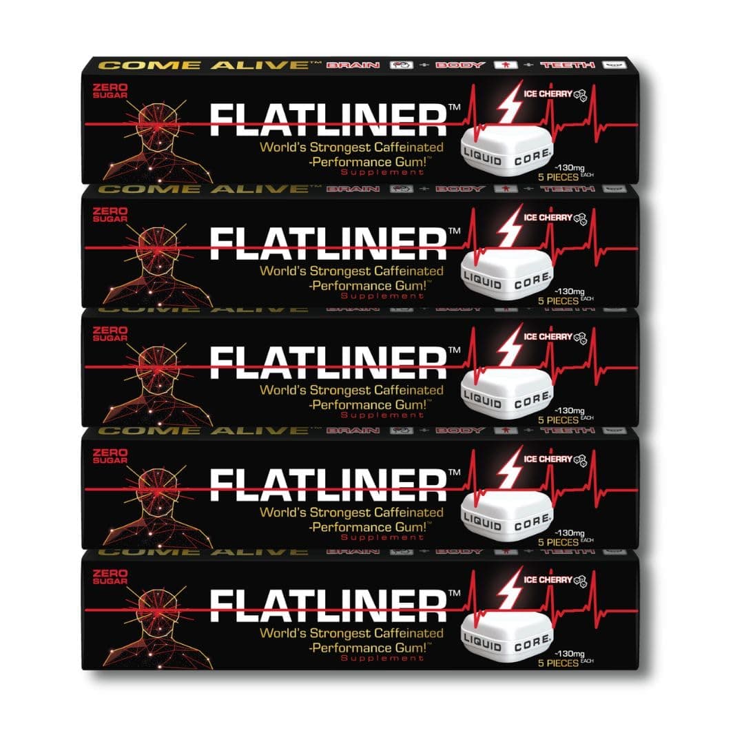 FLATLINER Caffeinated Gum – Zero Sugar Xylitol Gum, 130mg of Natural Caffeine Per Piece, Ice Cherry Energy Gum - 5 Pack - 25 Pieces