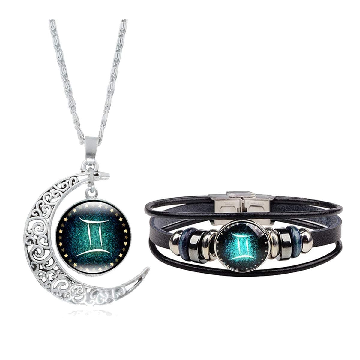 Dcfywl731Zodiac Necklace Bracelet Set for Men Gifts 12 Constellation Necklace Bracelet Weave Multilayer Leather Bracelet and Moon Pendant Necklace Christmas Jewelry Set for Women Christmas Gifts