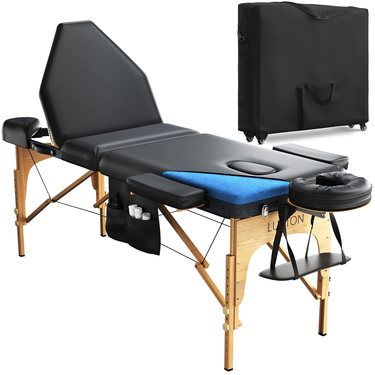 Luxton Home3-Section Premium Memory Foam Massage Table with Rolling Travel Case - Easy Set Up