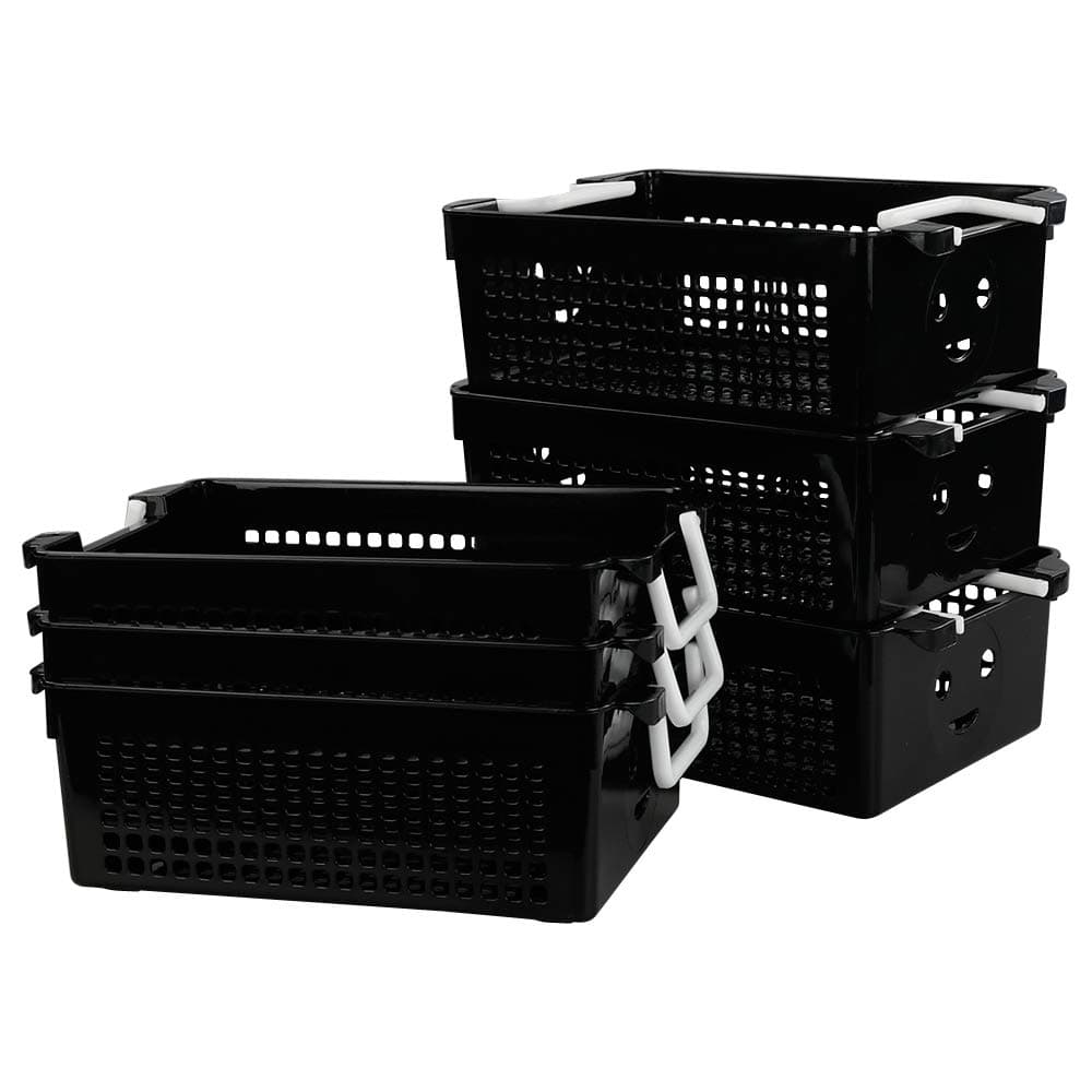 Cadineer6-Pack Plastic Baskets with Handles, Stackable Basket for Storage, Black