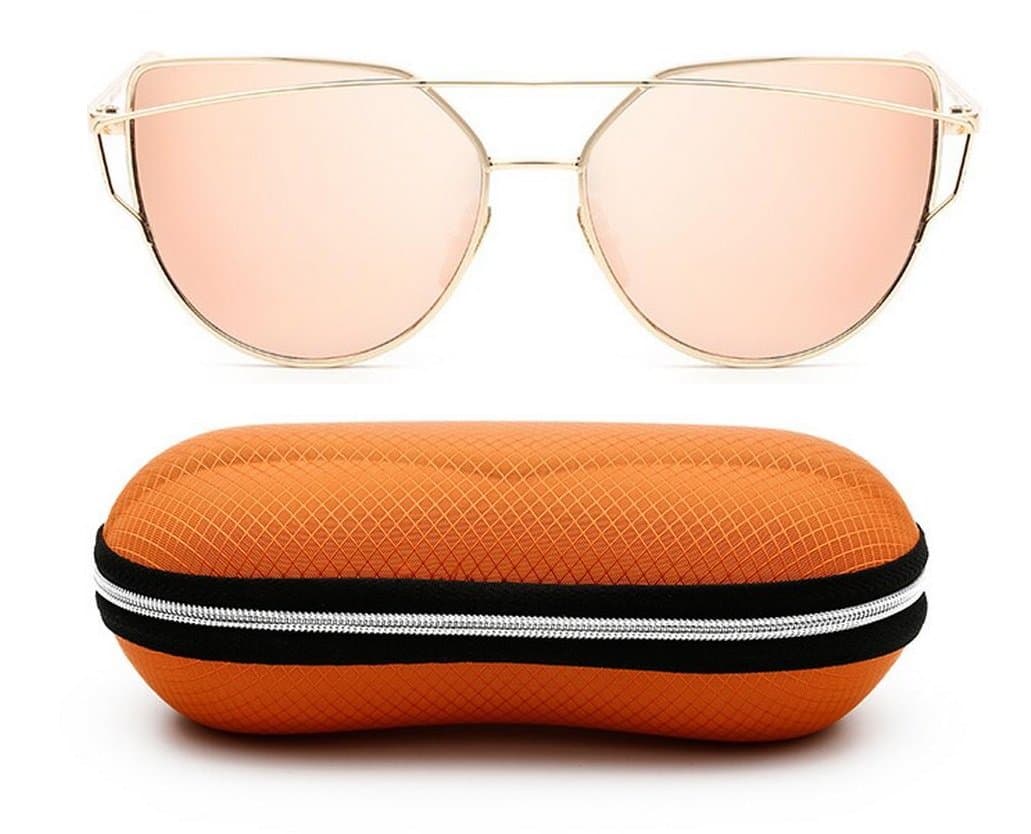 Elinka Cat Eye Sunglasses Women Fashion Twin-Beams Classic Metal Frame Mirror Sun glasses Modern Cateye Glasses UV400 with Case (Rose Gold)