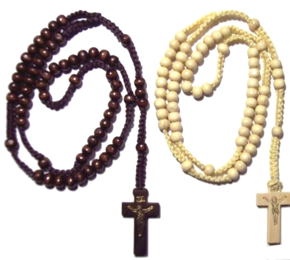 2pc Ivory & Brown Colored Wooden Beads Rosary Necklaces with Jesus Imprint Cross