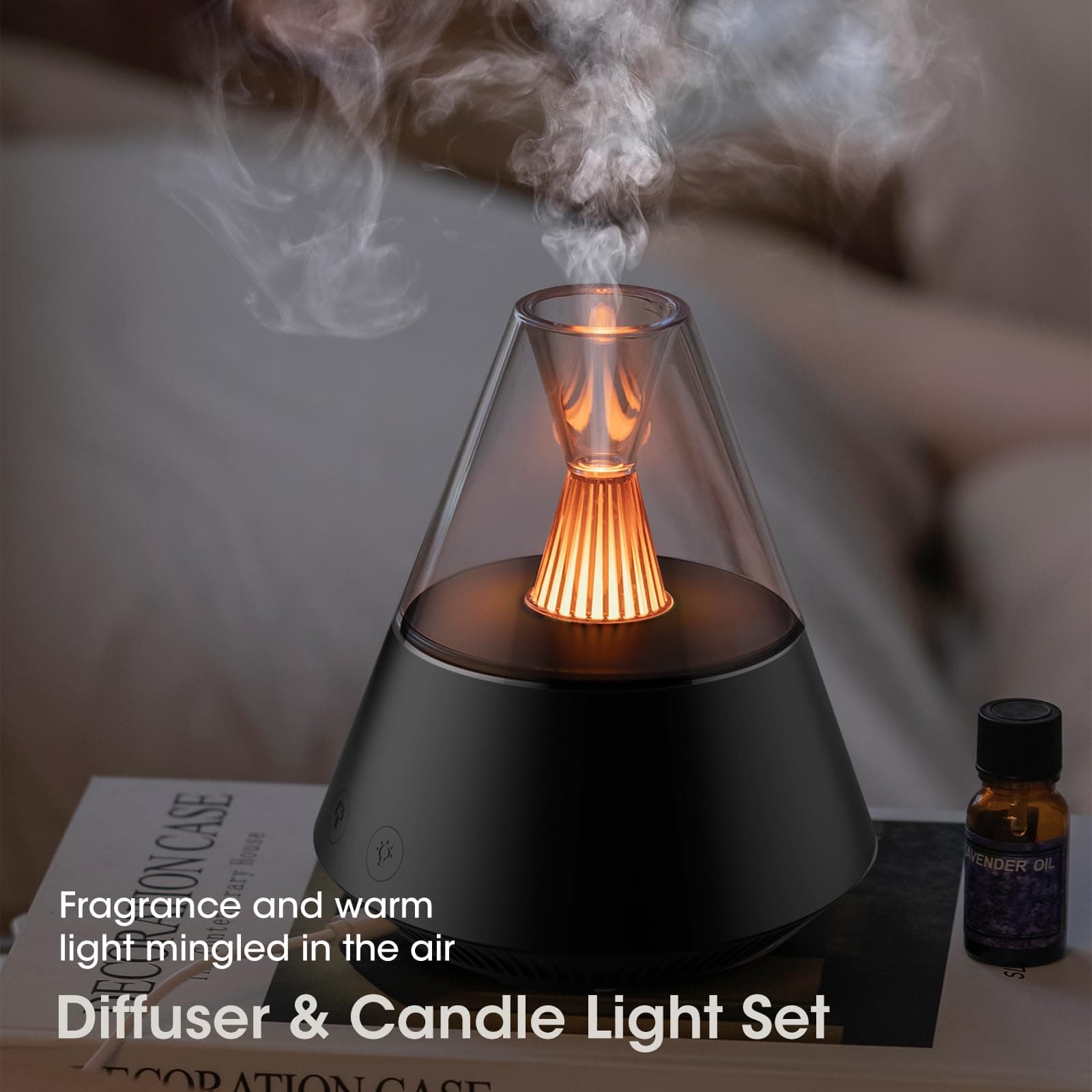 KinYiLO Essential Oil Diffuser, Modern Style Aroma Diffusers with Candle Light Remote Control, USB Powered 150ml Ultrasonic Cool Mist Aromatherapy for Home Room Office Bedroom, Automatic Off, Black