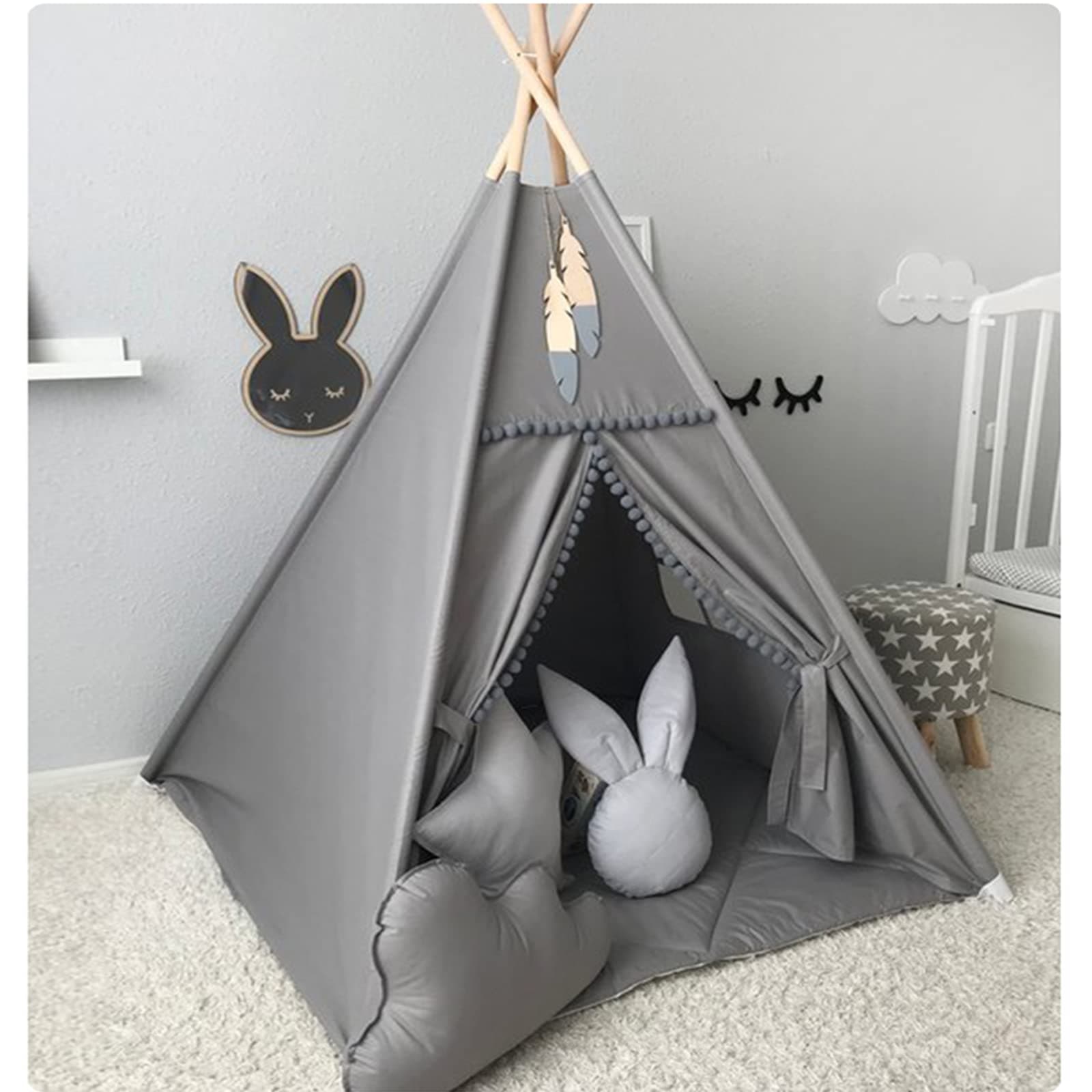 Kids Teepee Tent with White Pom Pom - Indoor Play Teepee for Children Boys Portable Play House (Grey)