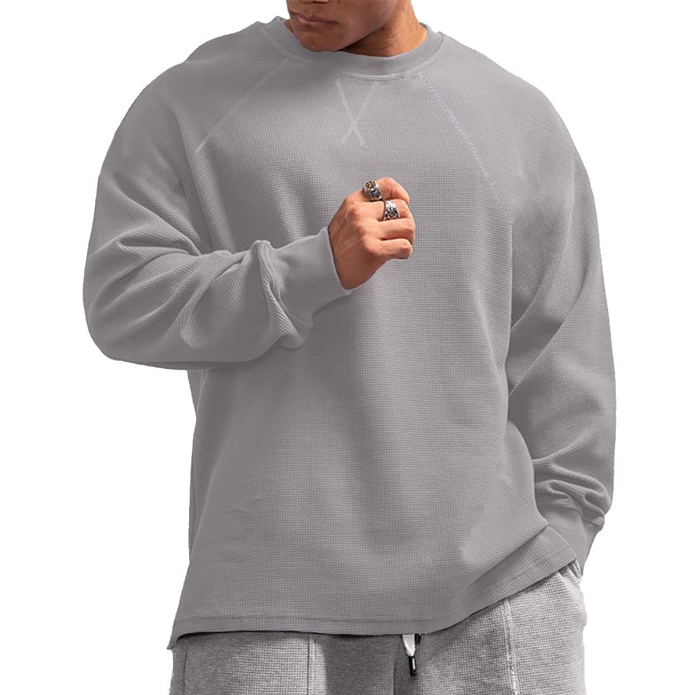 Men's Basic Long Sleeve Waffle Sweatshirt Loose Fit Workout Pullover Crewneck Shirt