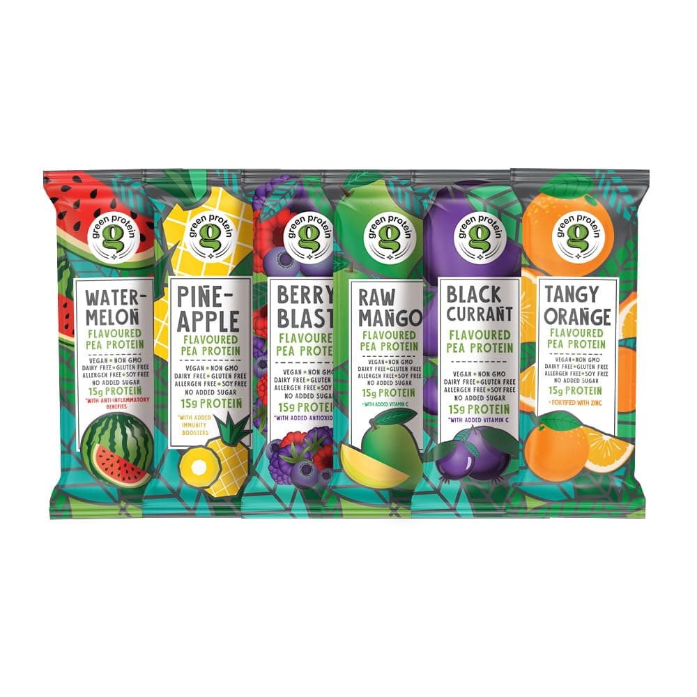 GREEN PROTEIN Plant Protein Isolate Powder Dairy, Gluten, Allergen, Soy Free Pineapple, Black Currant, Berry Blast, Mix Fruit, Raw Mango and Orange Flavor, 6 Flavors x 2 Sachets, Pack Of 12, 23g each