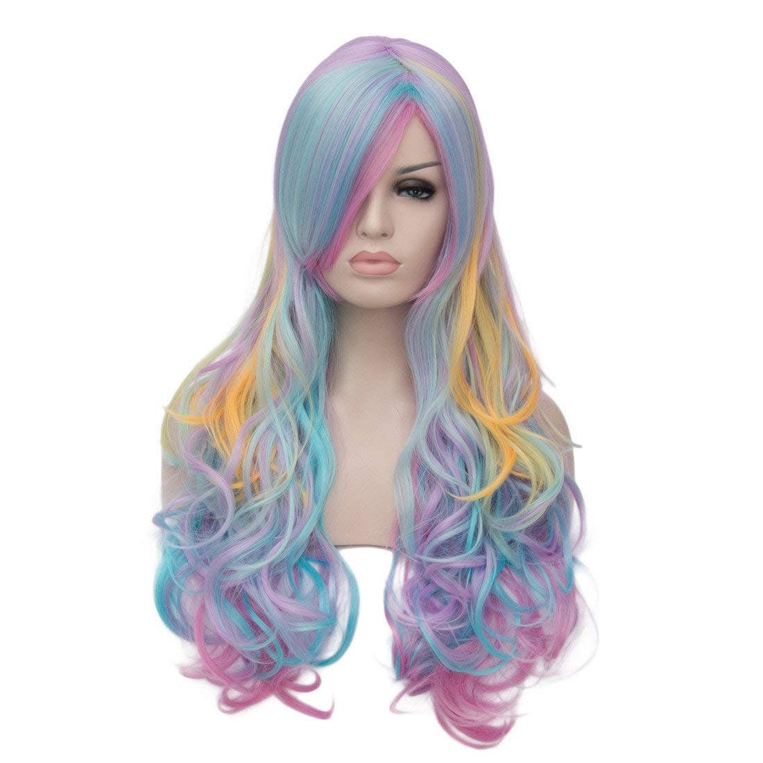 70cm 27.5" Multicolor Rainbow Highlights Women Lolita Halloween Cosplay Wavy Curly Long Hair Wig