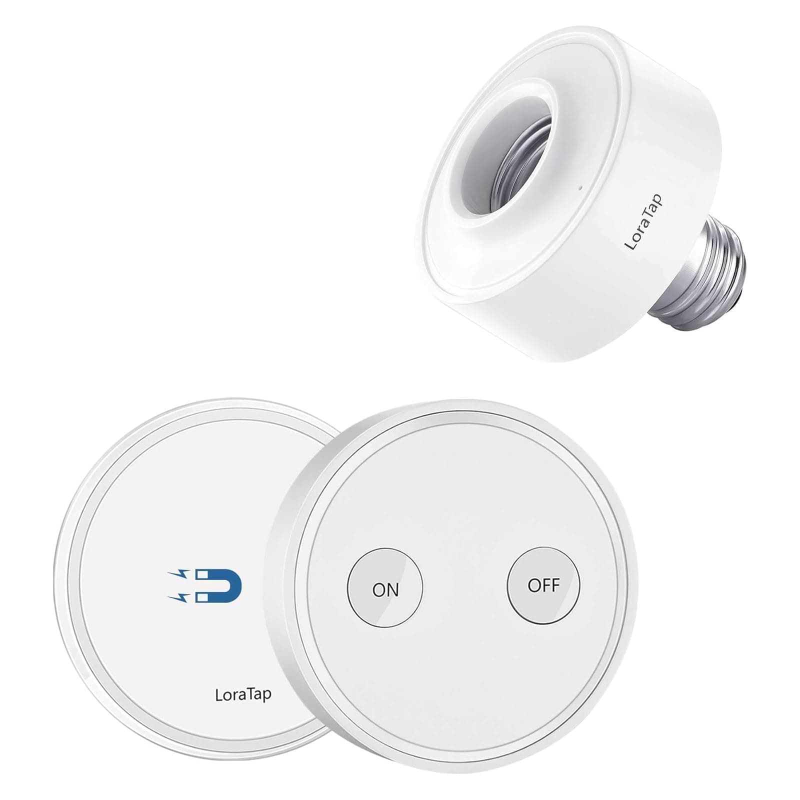 LoraTap Wireless Remote Control E26 Light Socket with Remote, 915MHz 656ft Range On Off Remote Controller for LED Bulbs and Light Fixtures 30W Max., White (Light Switch + LED Lamp Holder)