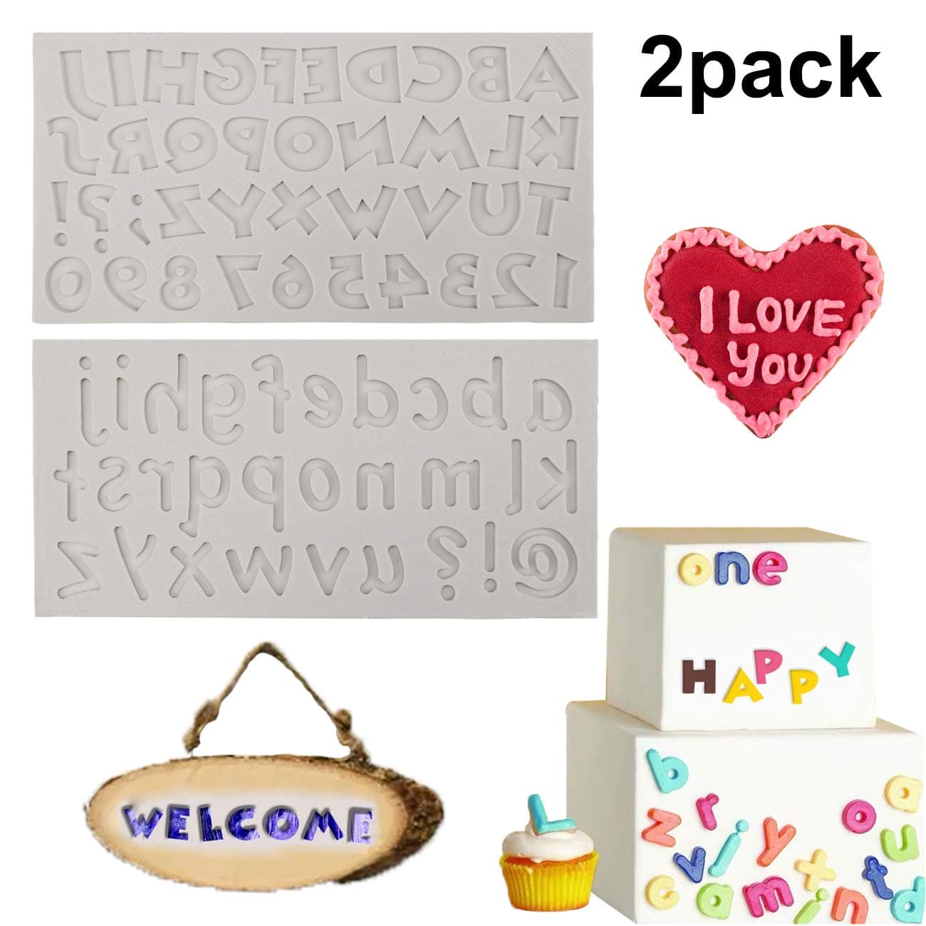 Vodolo (Set of 2) Alphabet Fondant Mold - Uppercase Lowercase Letter & Arabic Numbers Silicone Mold for Cake Decorating Toppers Chocolate Candy Cupcake Sugar Paste Clay Crafts Making