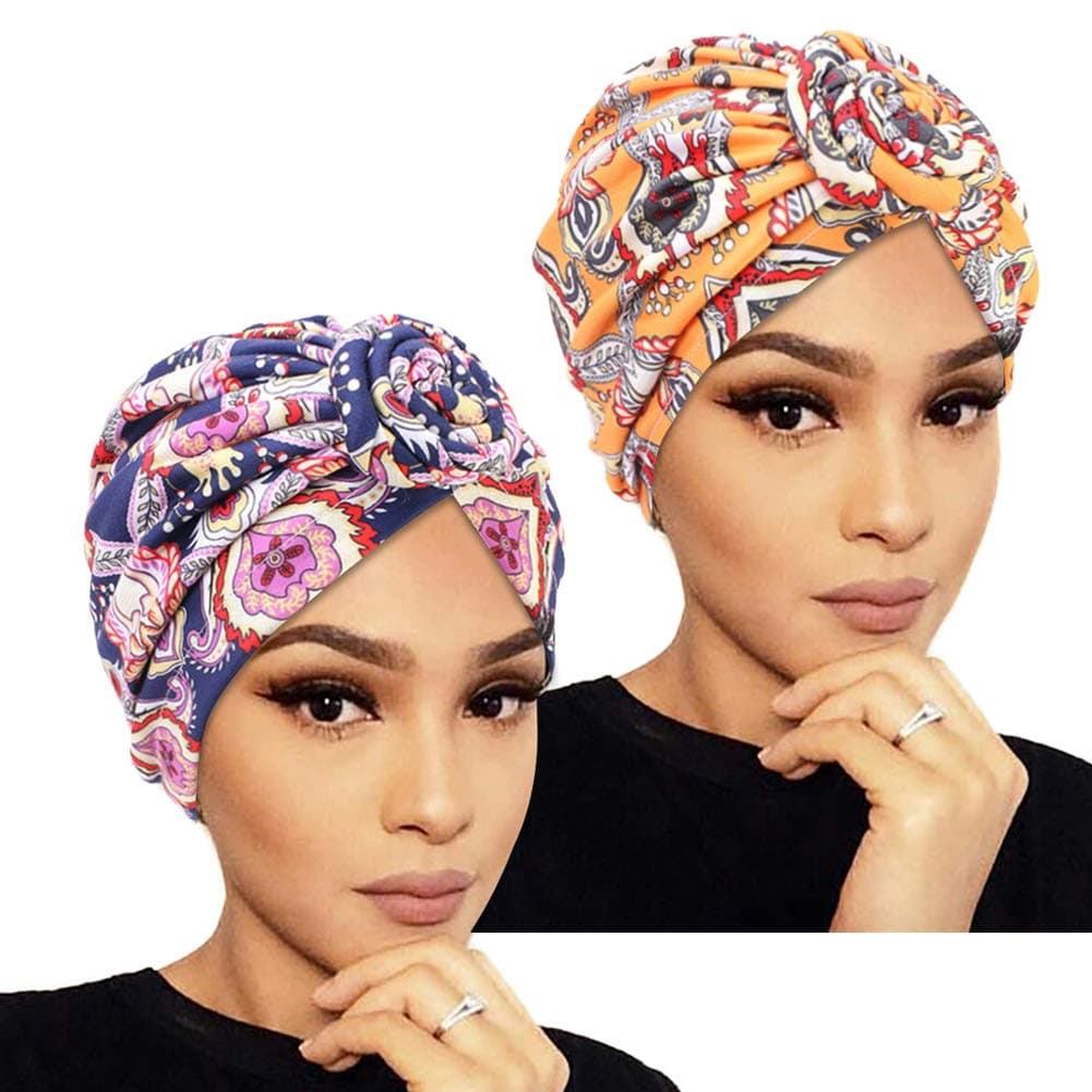 2 pcs Printed Turban African Pattern Knot Headwrap Beanie for Women Pre-Tied Bonnet Chemo Cap Hair Loss Hat
