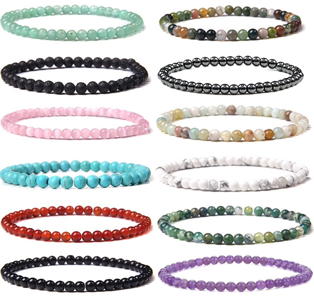 12 Pieces 4mm Mini Gemstone Energy Bracelets Natural Gemstone Handmade Crystal Beaded Power Stretch Bracelet Unisex Couple Bracelets