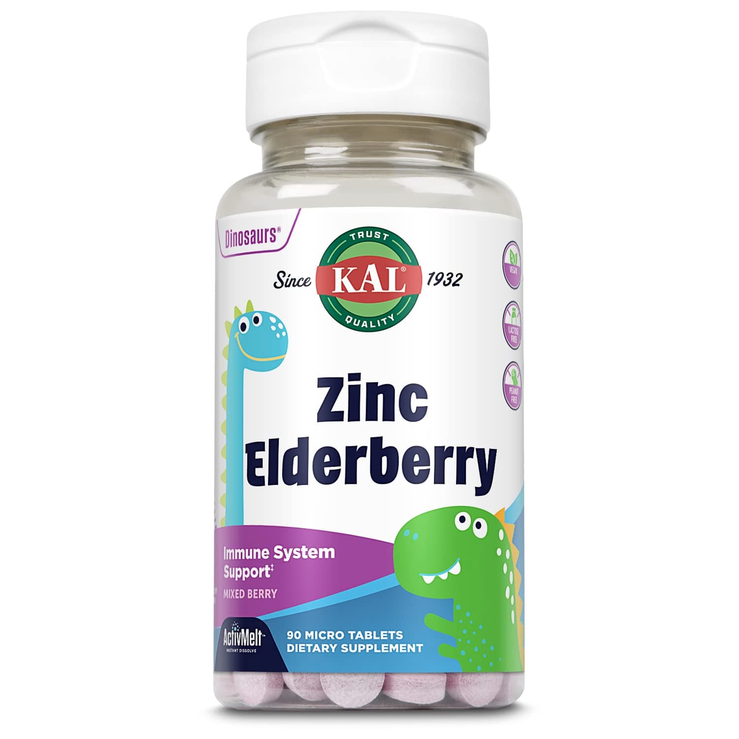 KAL Kids Zinc Elderberry Dinosaurs, Immune Support Supplement* for Children w/Sambucus Elderberry, Fast Dissolving Mixed Berry ActivMelts, Fun, Tasty Dino Shapes, Vegan, 90 Servings, 90 Micro Tablets