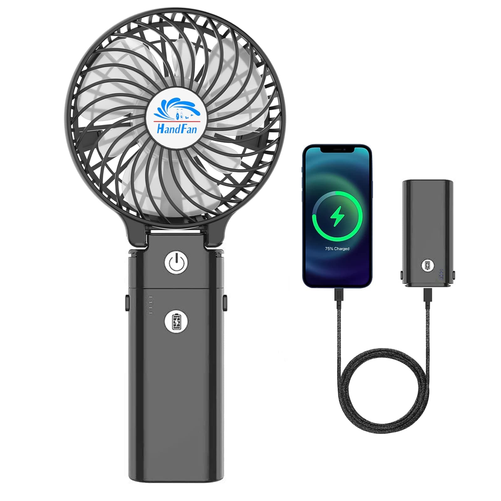 HandFan 5200mAh Portable Handheld Fan Rechargeable - 3 Speeds Foldable Personal Cooling, 2-IN-1 Hand Held Fan Battery Operated, 20H Runtime for Travel/Summer/Concerts/Women (Black)